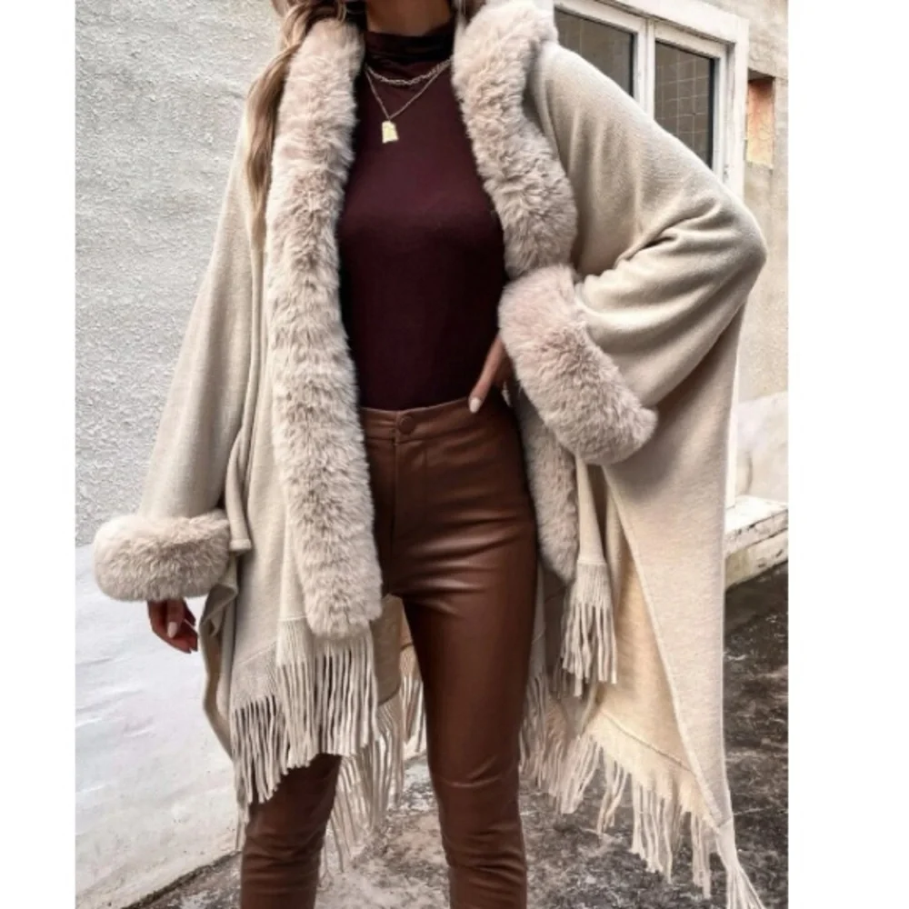 Cozy vegan fur dolman sleeve tssel poncho shawl scarf wrap cardigan - Picture 6 of 16